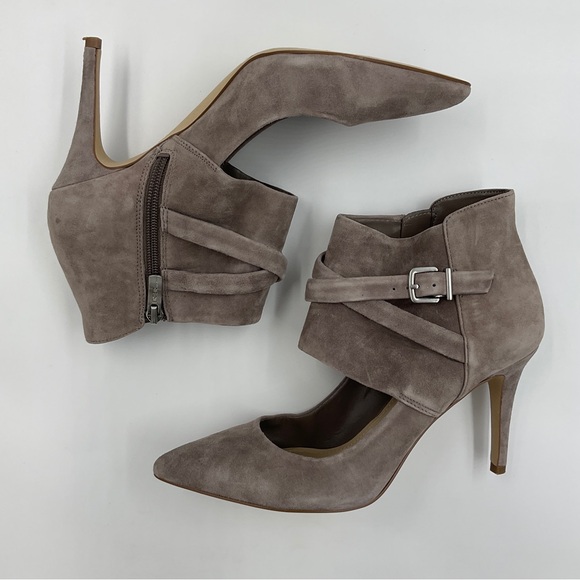 BCBGeneration Suede Zip Ankle Bootie Heels Cut Out Buckle Strap Taupe Warm Grey - Picture 11 of 16